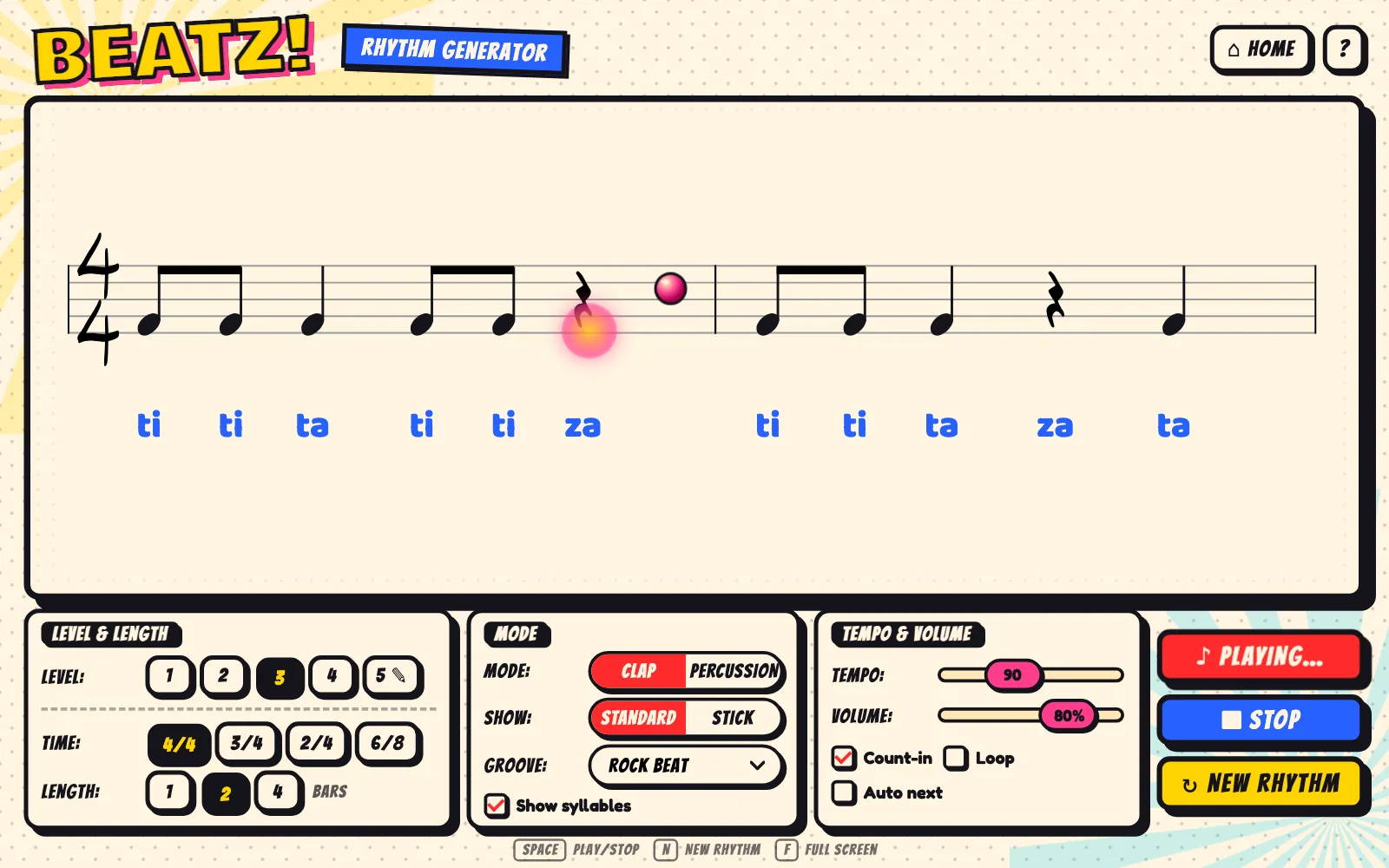 Beatz playing a rhythm, with a ball bouncing over the notes and rhythm syllables underneath