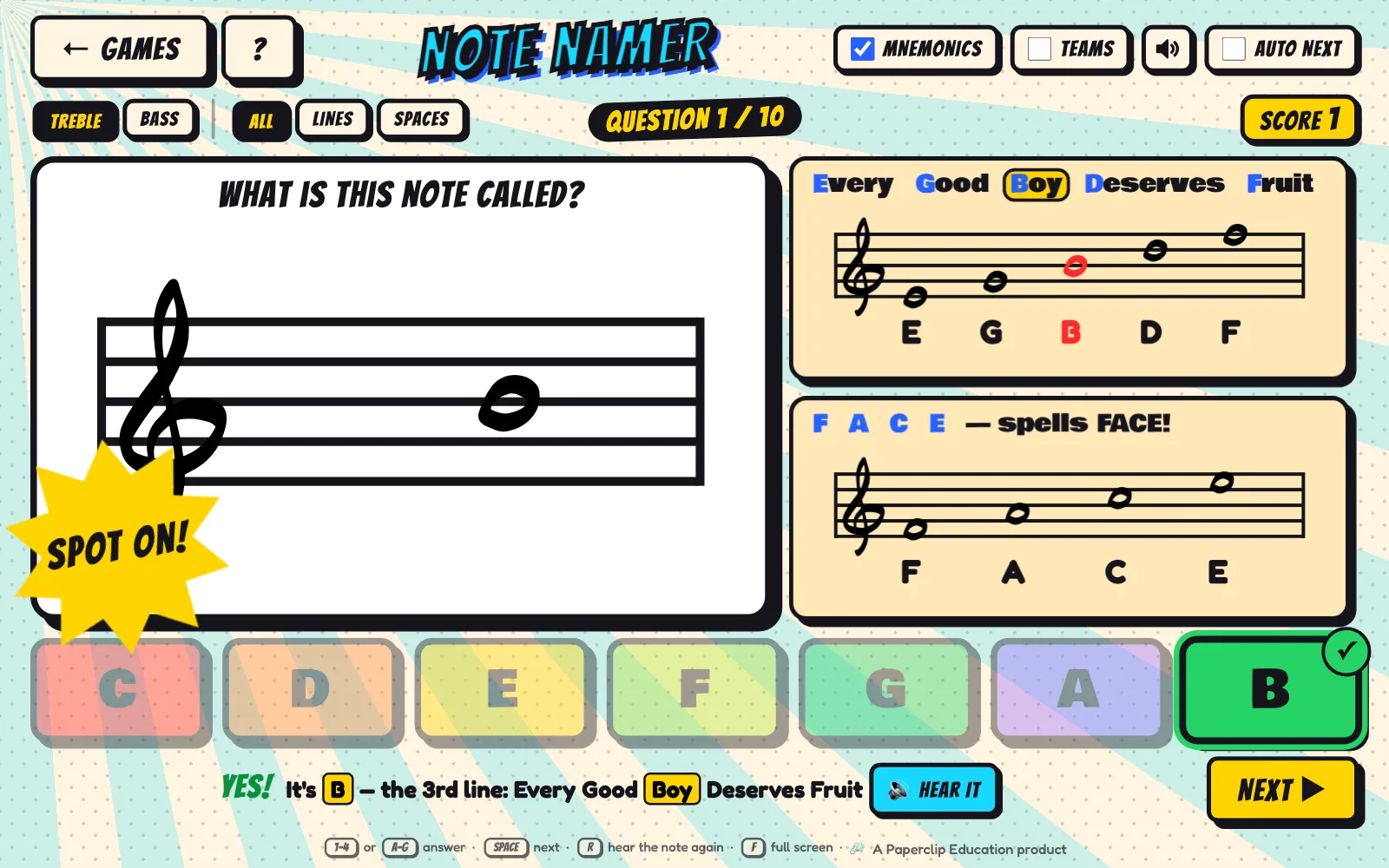 Symbolz Note Namer after a correct answer, with mnemonic cards